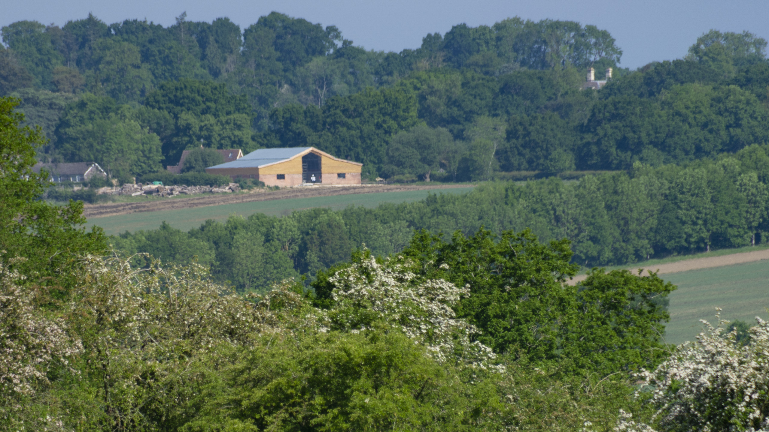 May 2020: A view from across the valley - Picks Barn gleaming in the spring sunshine!